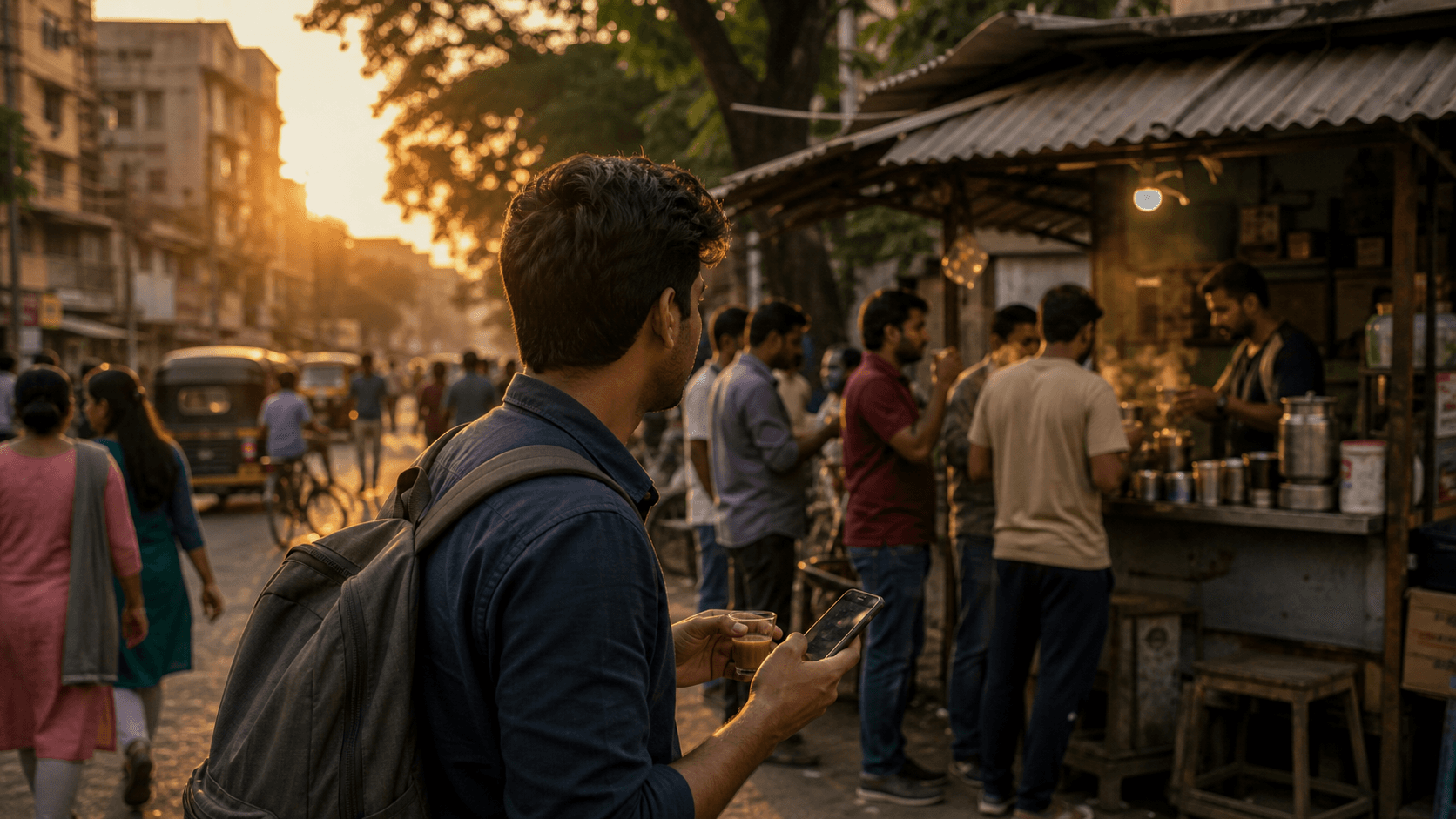 A person catches a fleeting neighbourhood moment at golden hour.