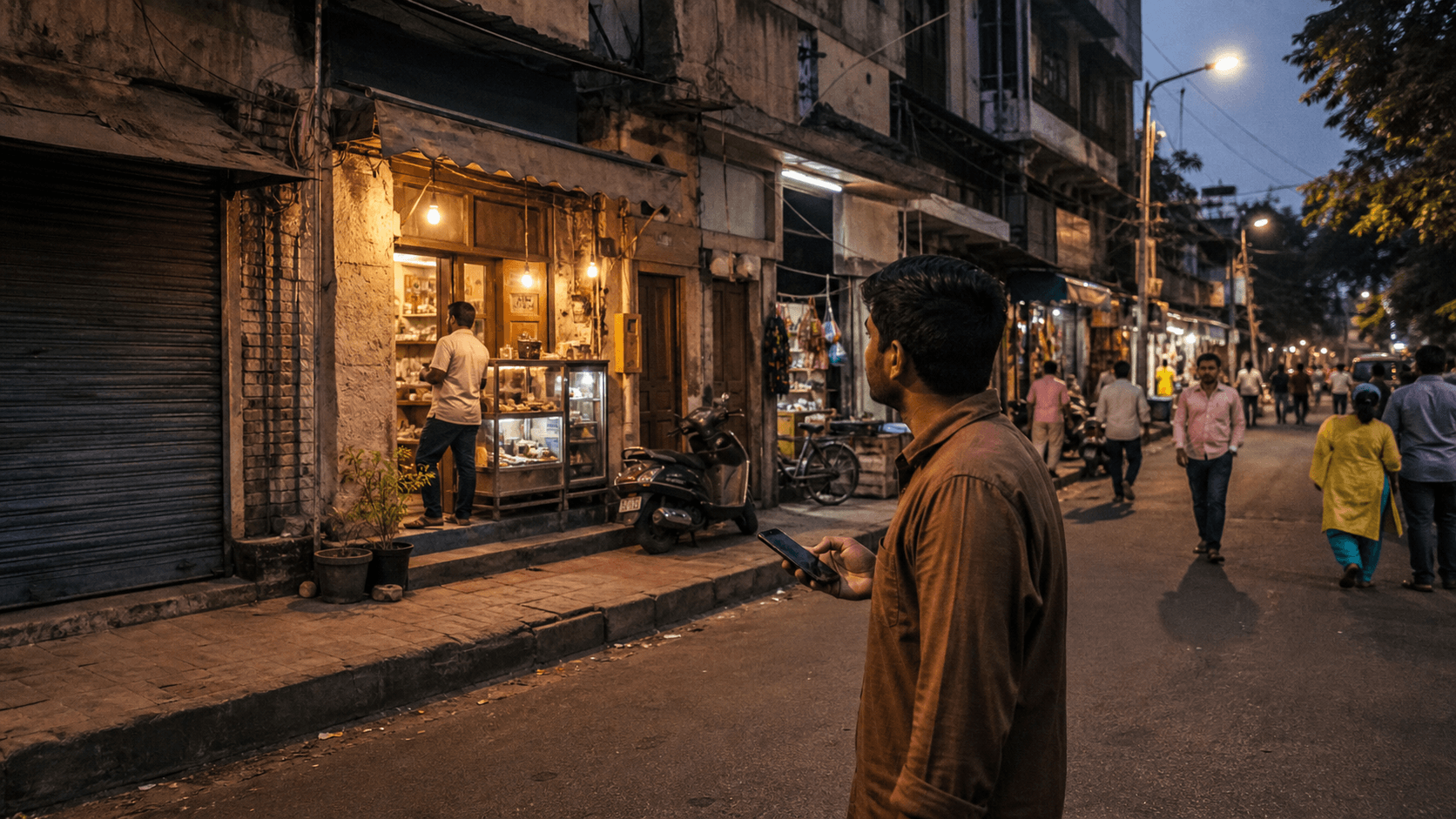 A person notices an easy-to-miss local storefront on a dense neighbourhood street.