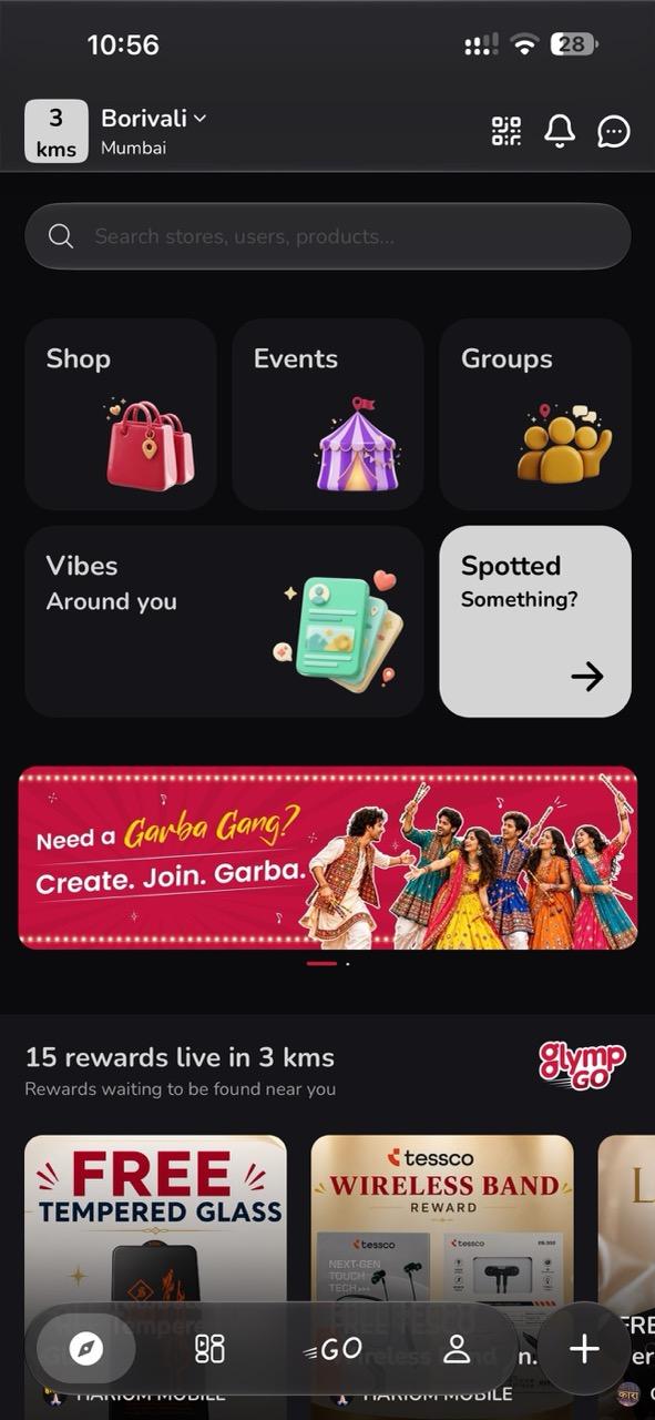 Glymp's Discovery screen: Shop, Events and Groups, Spotted, and GlympGo rewards near you