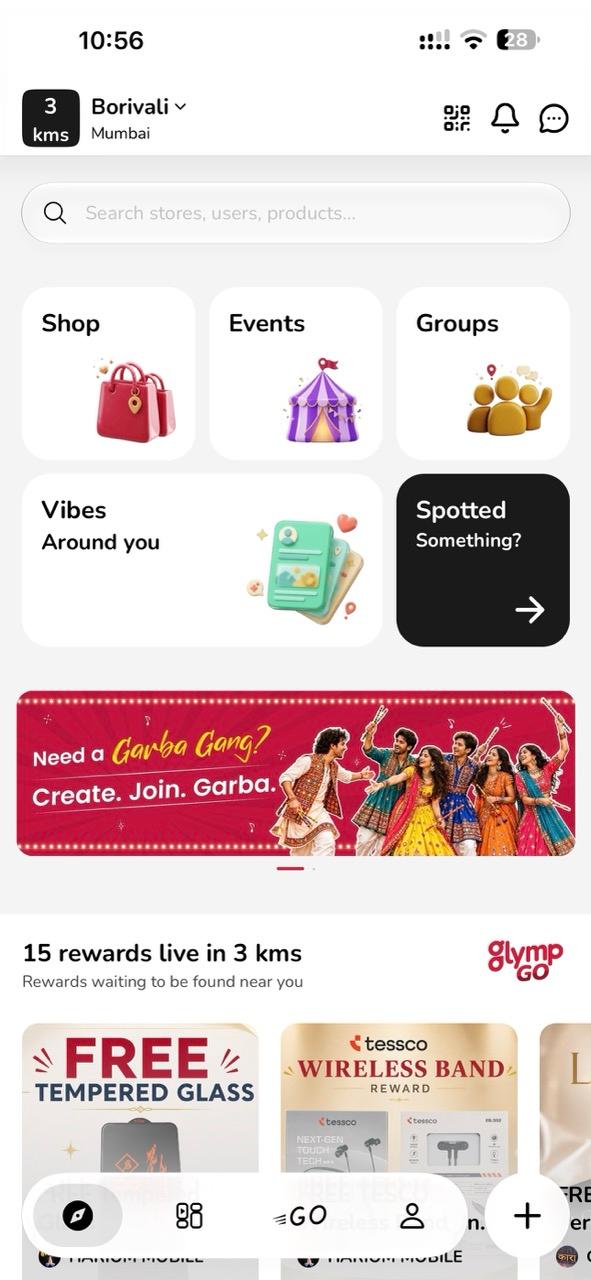 Glymp's Discovery screen: Shop, Events and Groups, Spotted, and GlympGo rewards near you