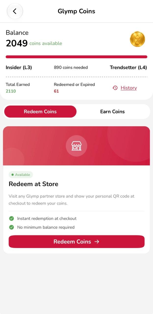 Glymp Coins in the Glymp app
