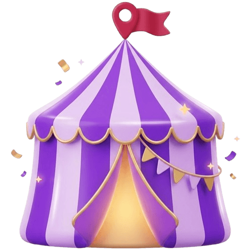 3D striped festival tent with a location pin flag