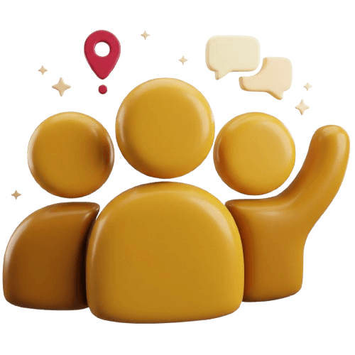 3D group of friendly figures with a location pin
