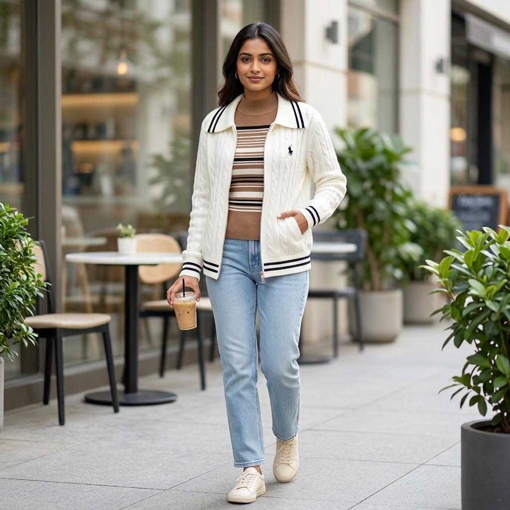 White Striped Knitted Polo Jacket