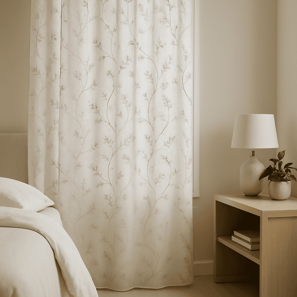 Embroidered Sheer Curtain - Off‑White with Metallic Vine Embroidery