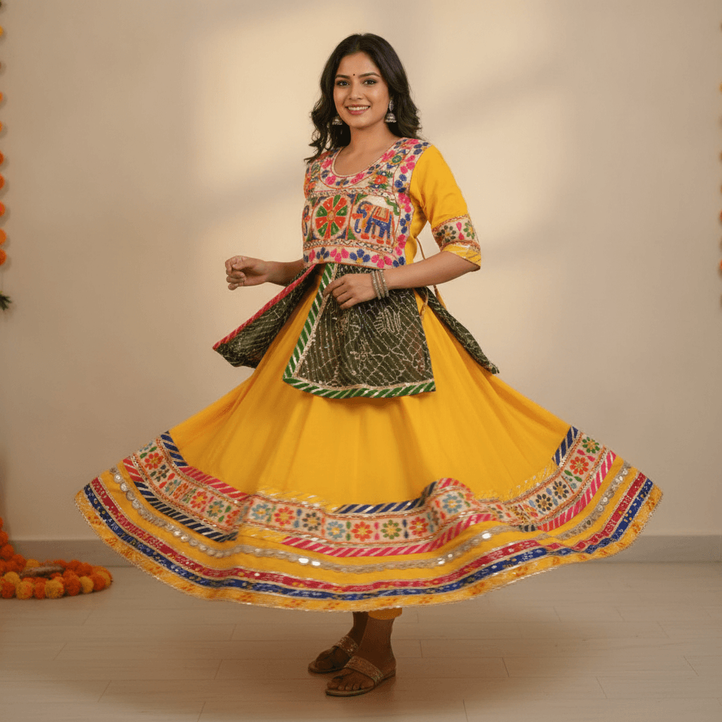 Yellow Elephant-Motif Embroidered Ghagra Choli