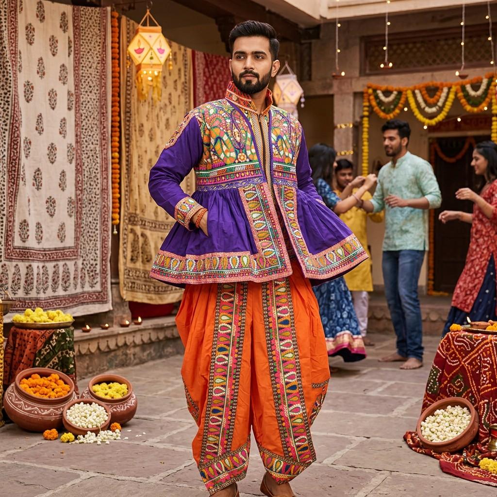Purple and Orange Embroidered Kedia Dhoti Set