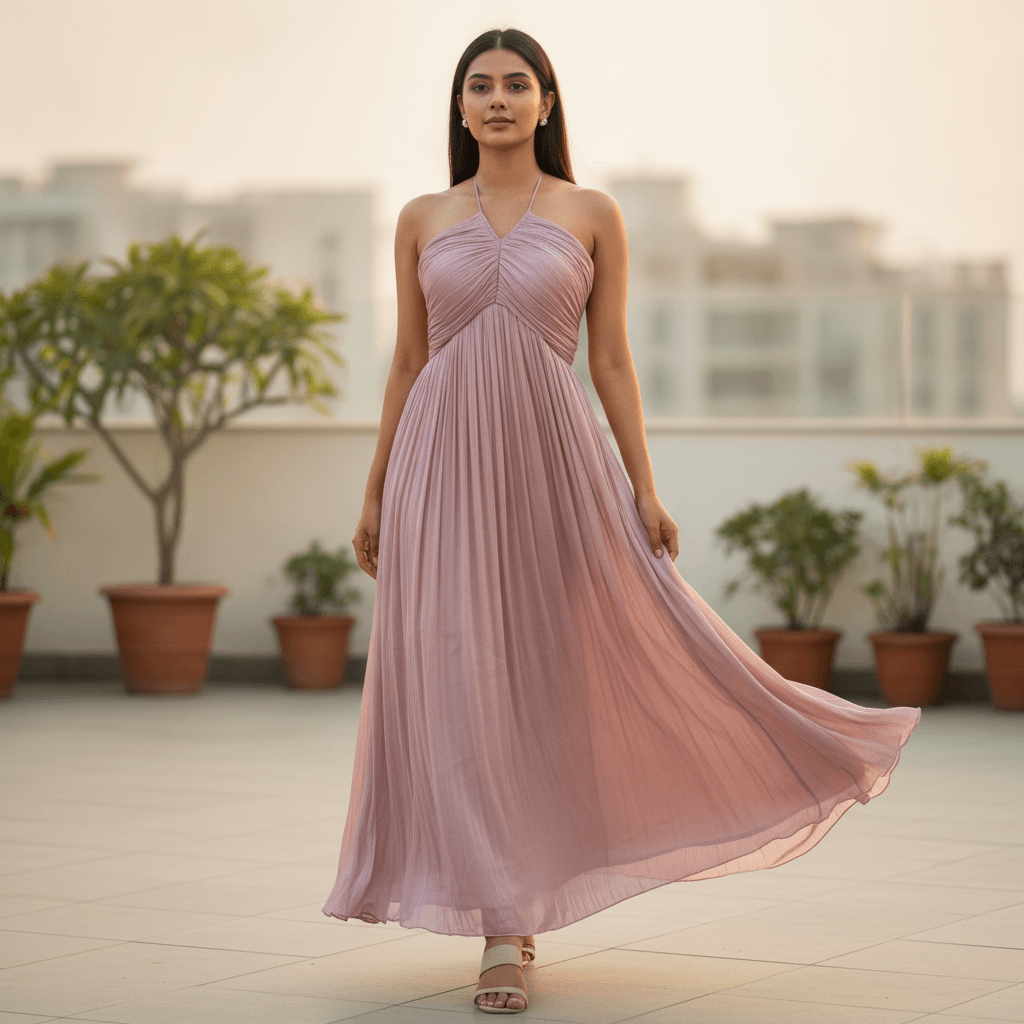 Dusty Pink Pleated Halter Neck Maxi Dress