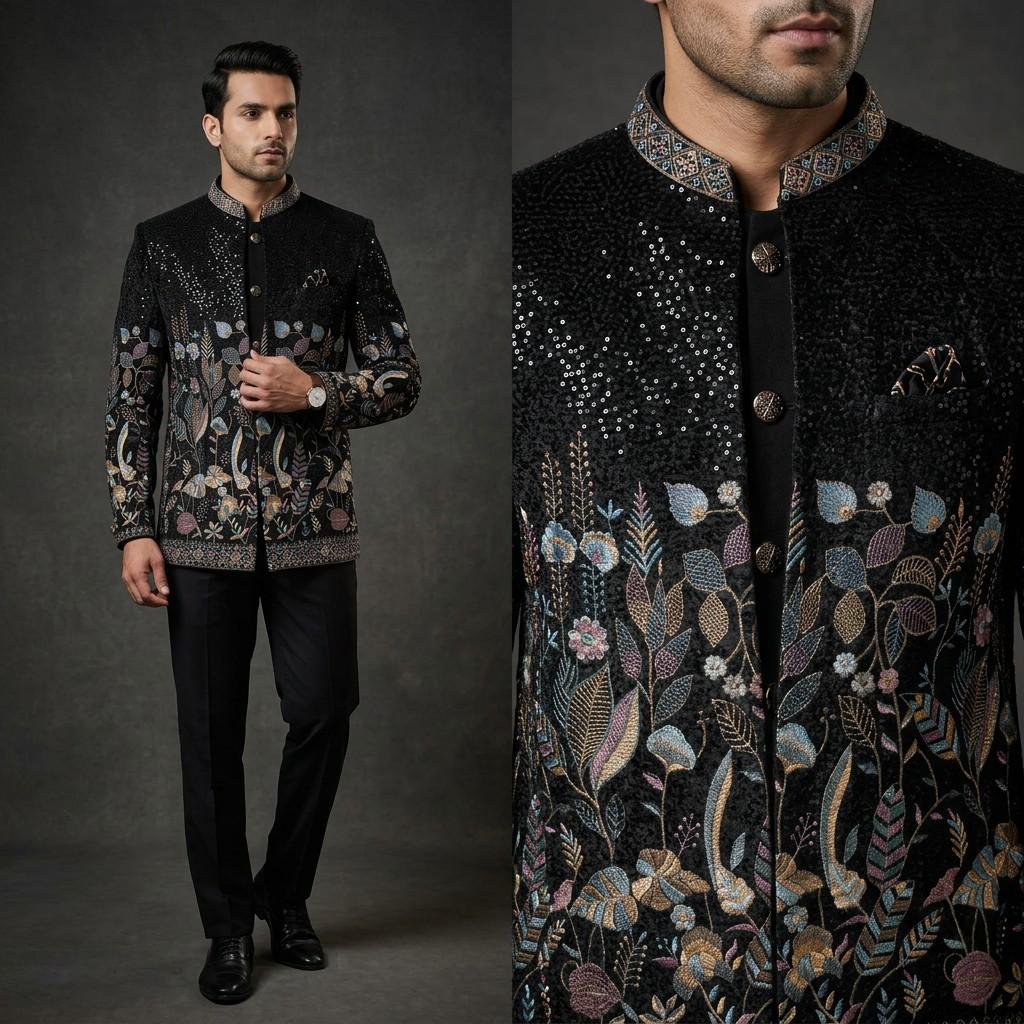 Black Embroidered Bandhgala Jacket - Default