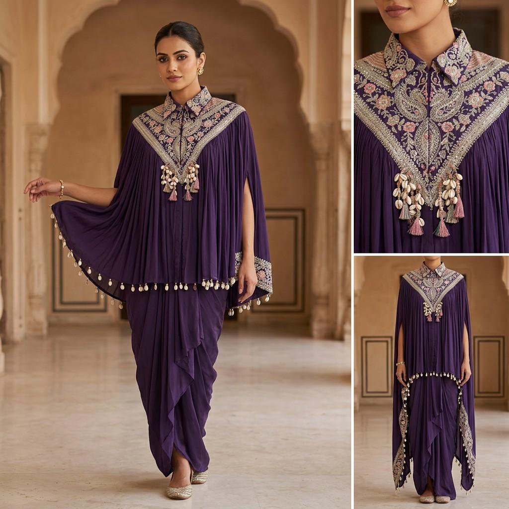 Purple Embroidered Cape Kurta with Draped Bottom