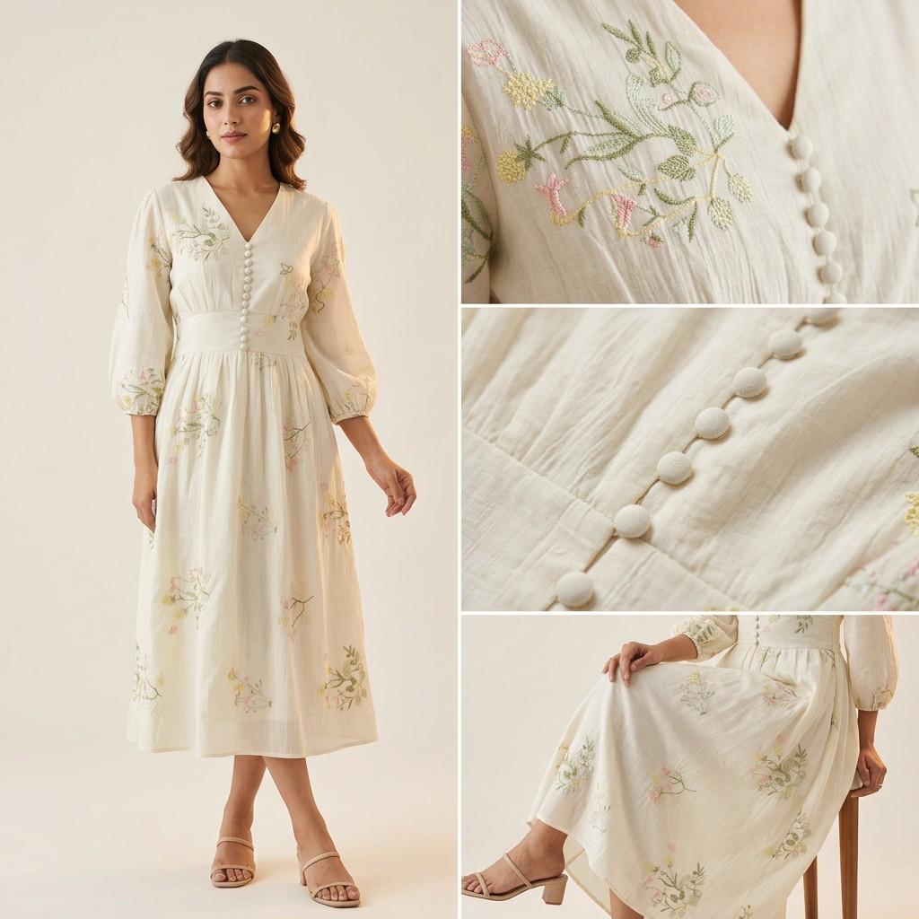 Cream Embroidered Dress - Single Variant