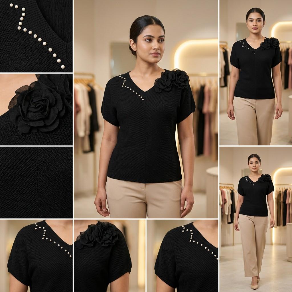 Black Pearl-Embellished Knit Top