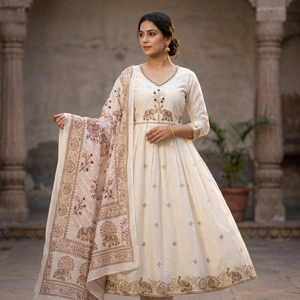 Ivory Embroidered Anarkali with Printed Dupatta