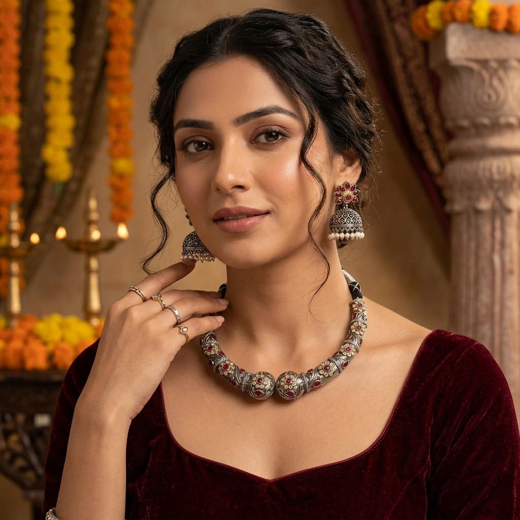 Oxidized Silver-Tone Choker Necklace with Jhumka Earrings Set