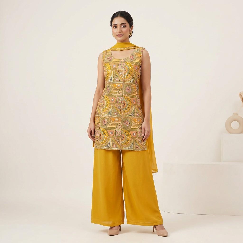 Mustard Yellow Embroidered Kurta with Palazzo