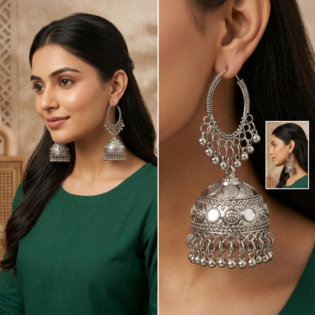 Oxidized Silver Jhumka Earrings with Mirror Work