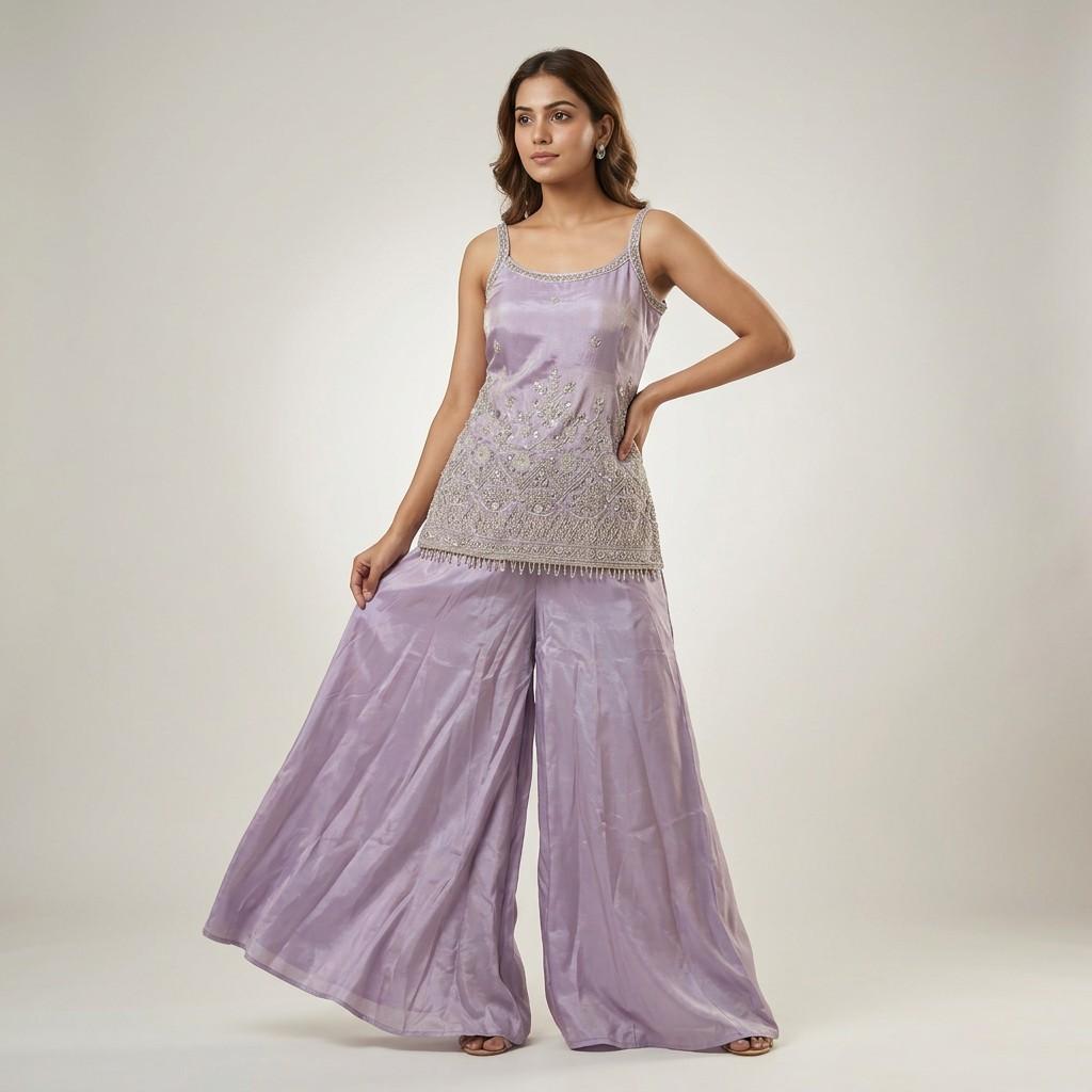 Lilac Embroidered Top with Flared Palazzo