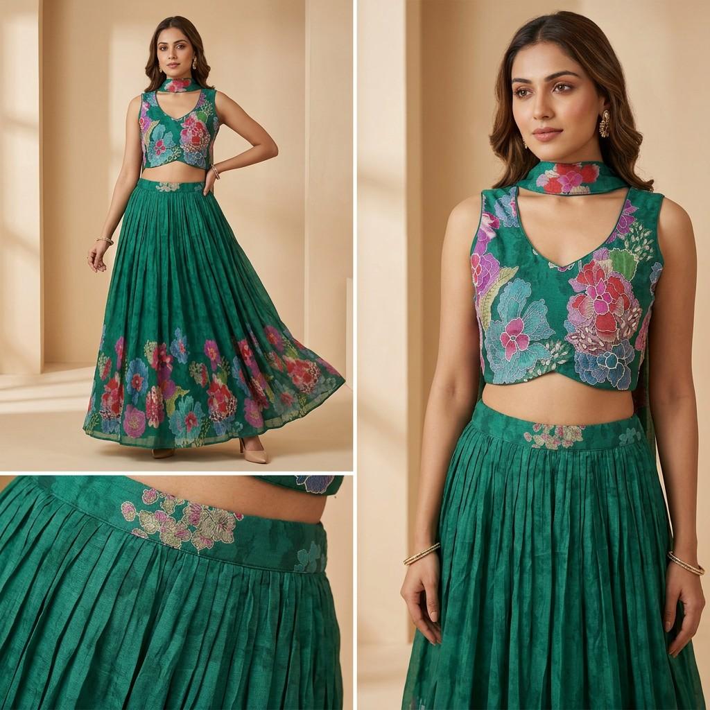 Emerald Floral Crop Top & Pleated Skirt