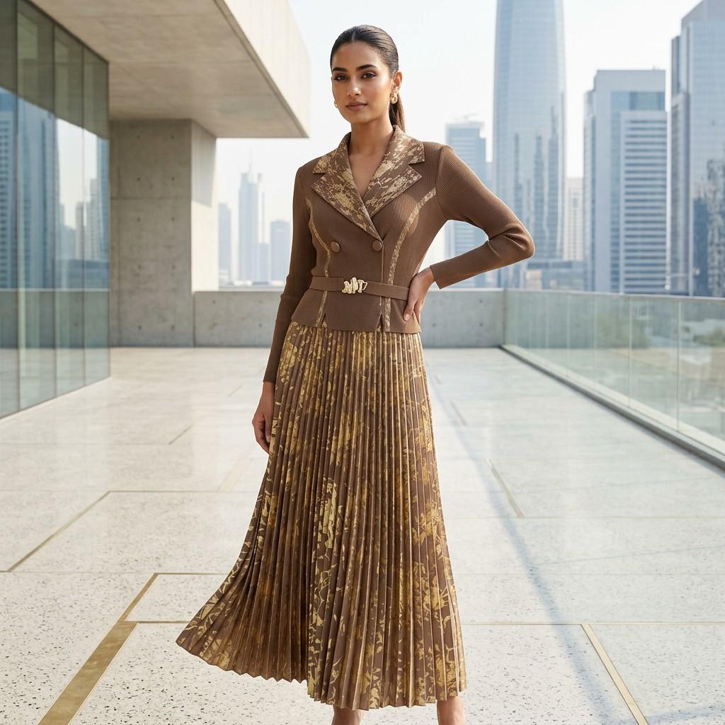 Brown Ribbed Blazer-Style Pleated Dress