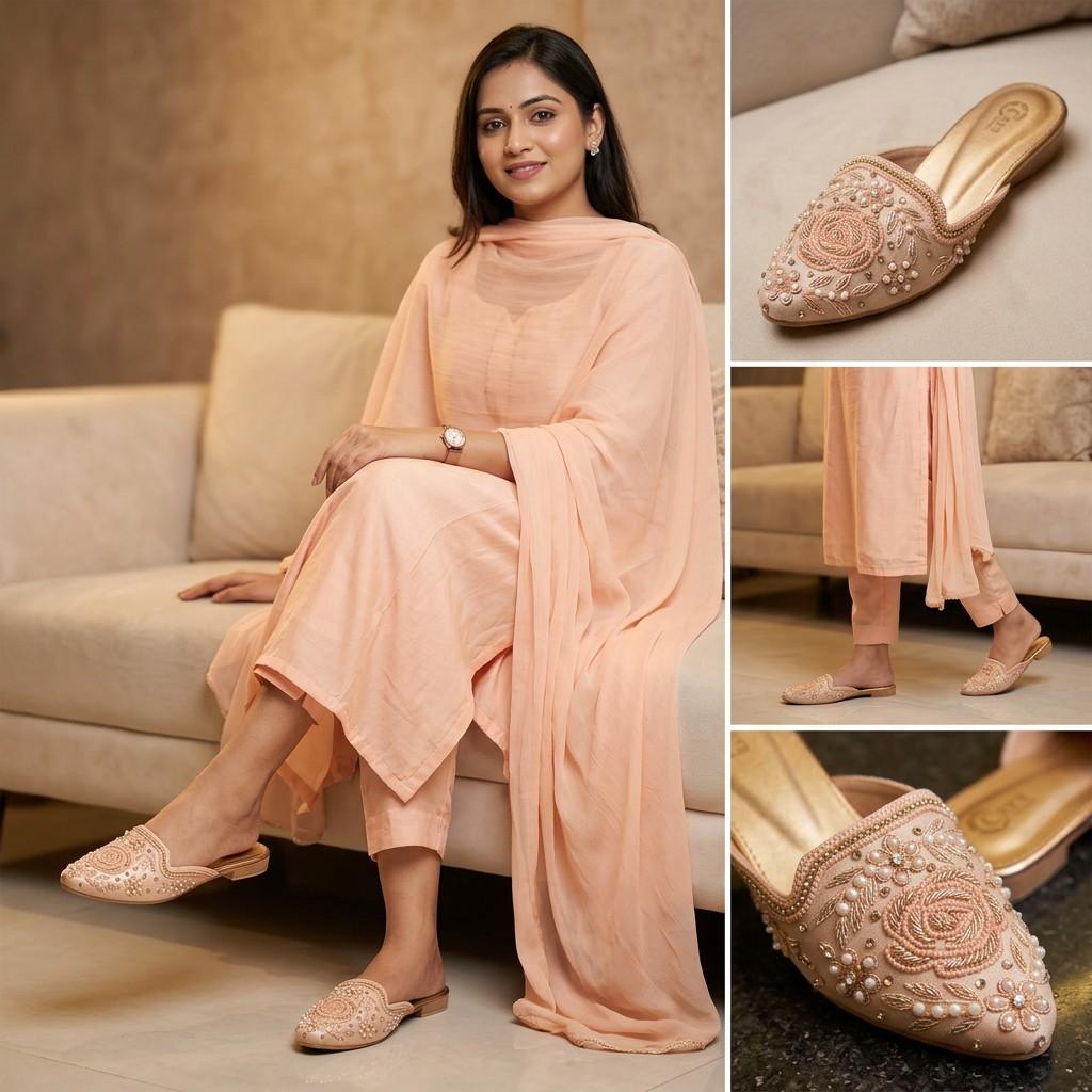 Peach Embroidered Slip‑On Jutti