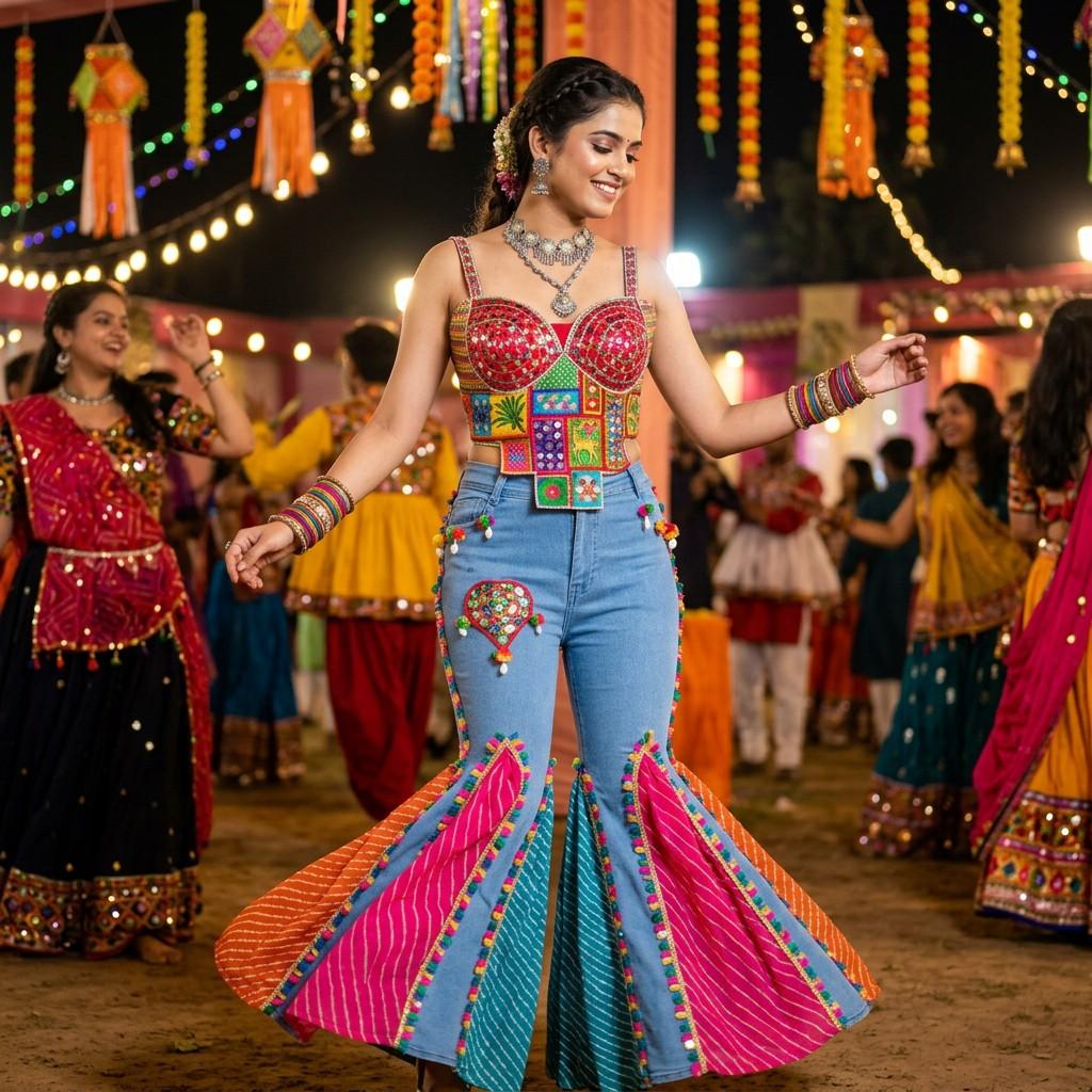 Multi-Color Embellished Crop Top & Flared Jeans Set