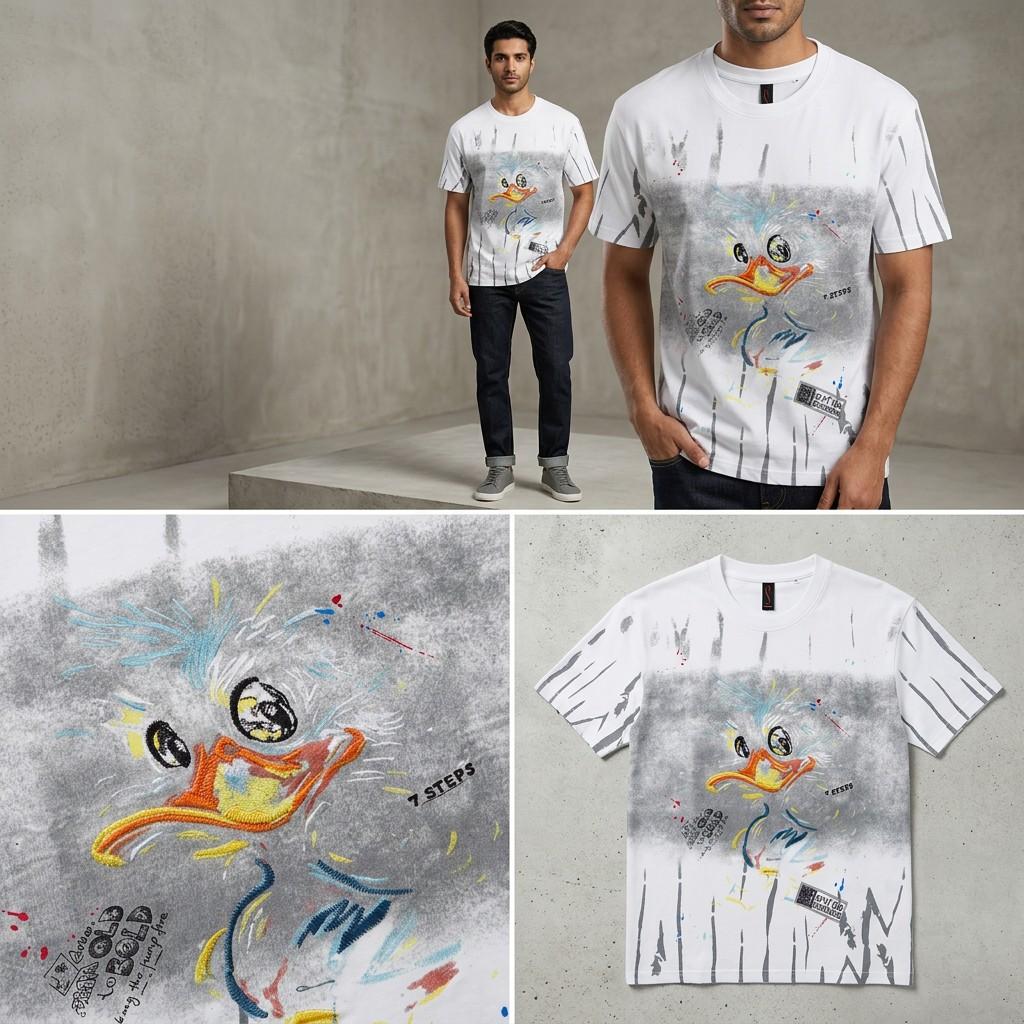 White Graphic & Embroidered Crew-Neck T‑Shirt