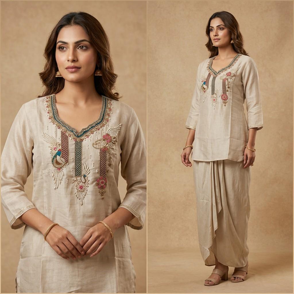 Beige Embroidered Kurta with Bottom