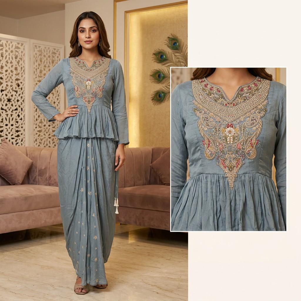 Dusty Blue Embroidered Peplum Top & Draped Skirt Set