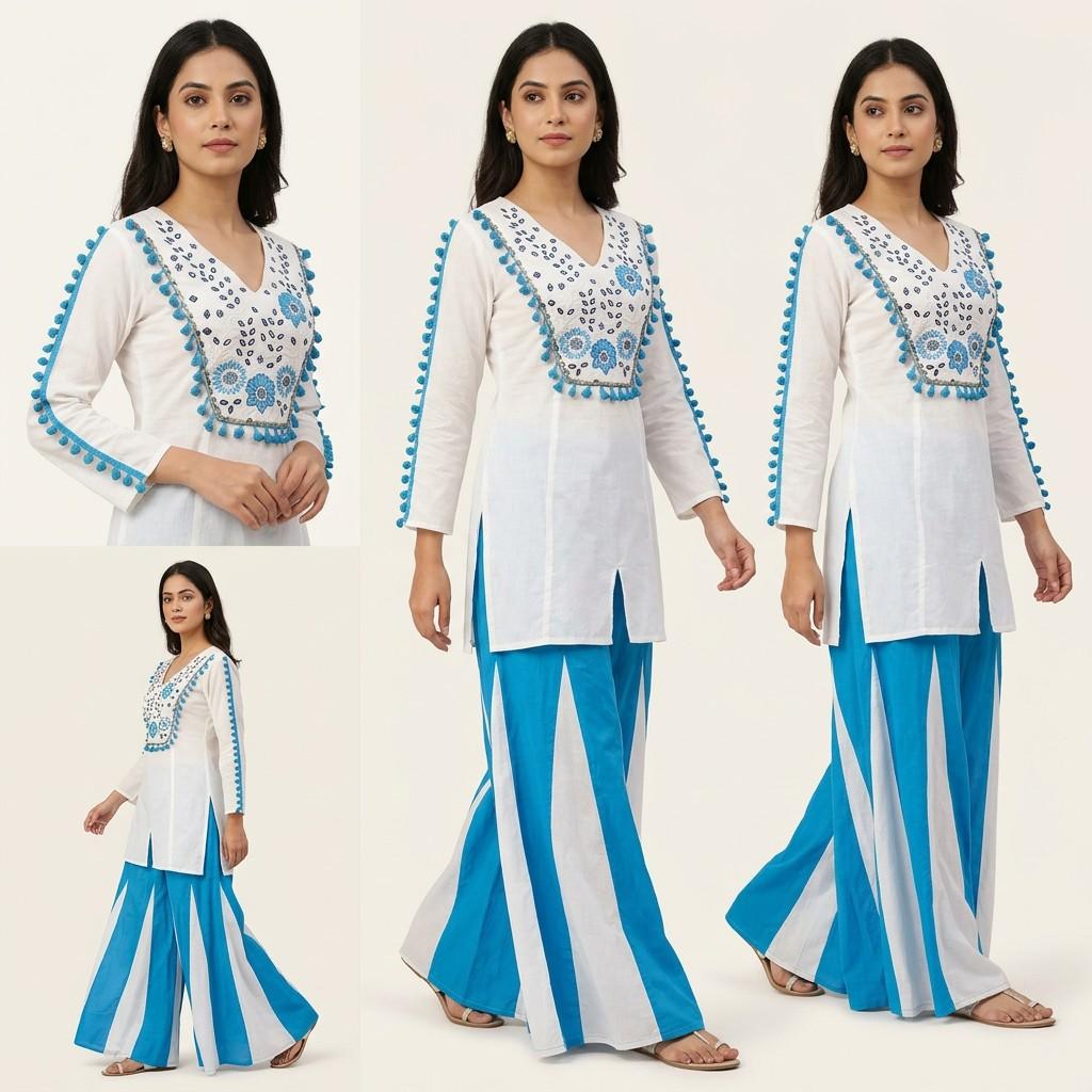 White Kurta with Blue Embroidered Yoke & Blue Palazzo