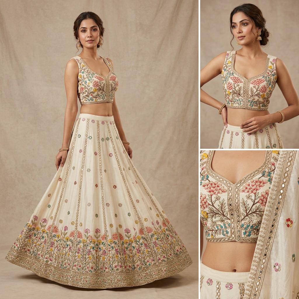 Ivory Floral Embroidered Lehenga Set - Single Size/Style