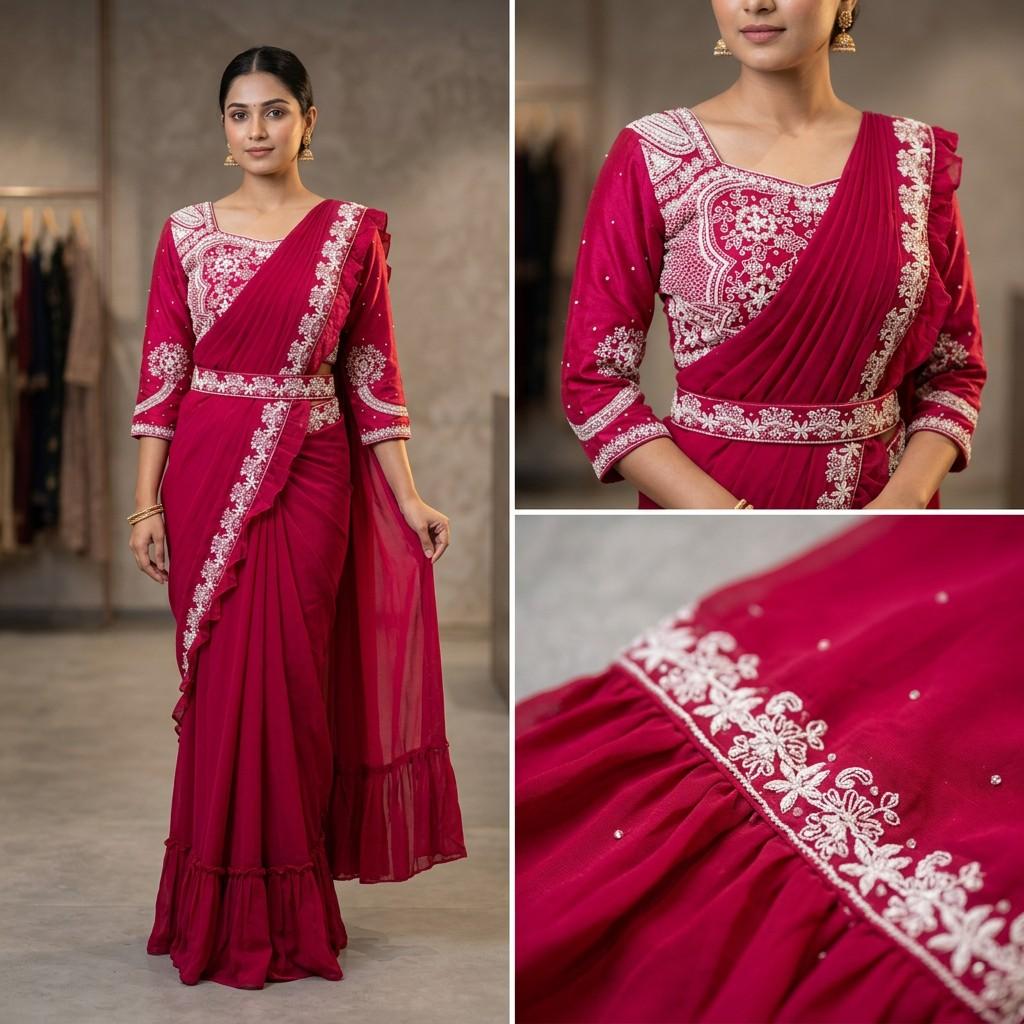 Fuchsia Embroidered Saree - With Matching Blouse