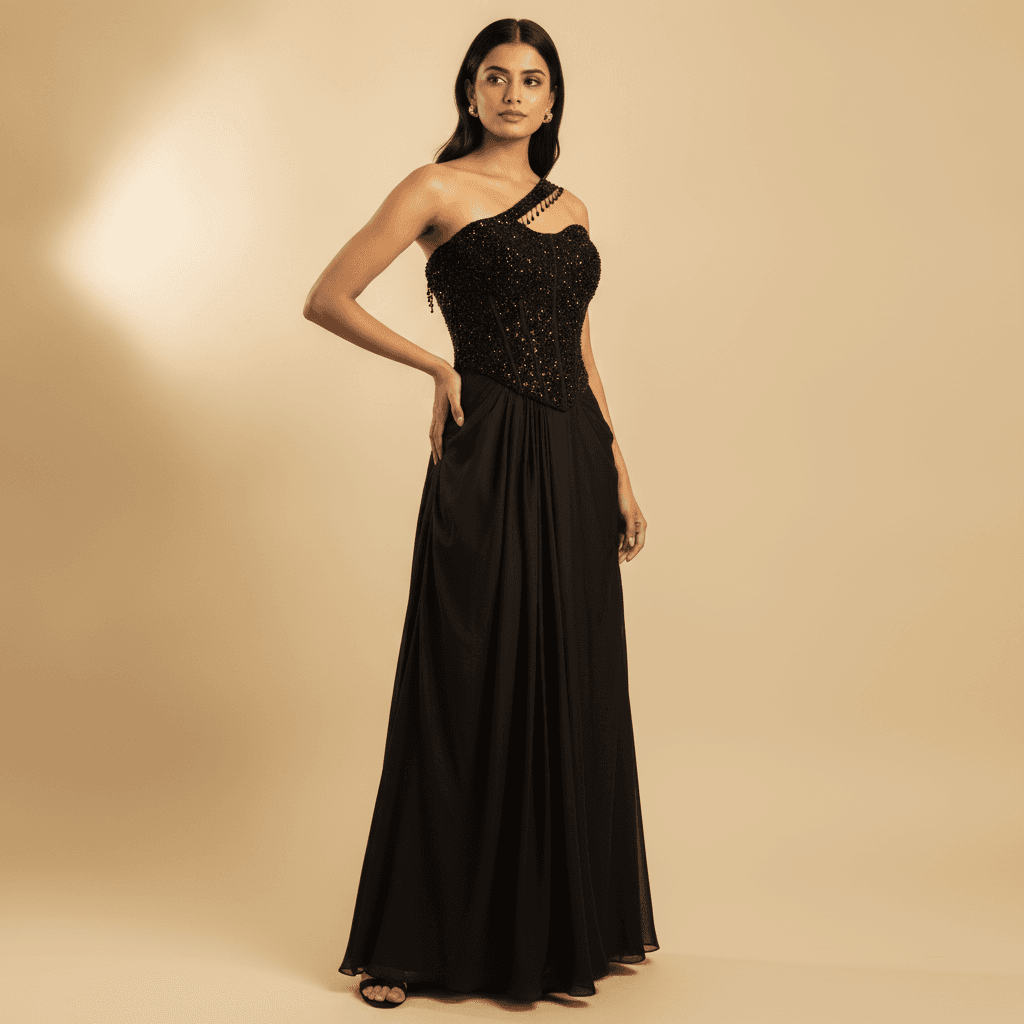 Black Beaded Corset Gown — One Shoulder