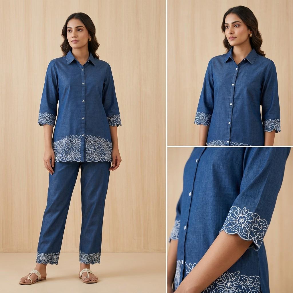 Blue Embroidered Shirt & Pant Set - Single Variant