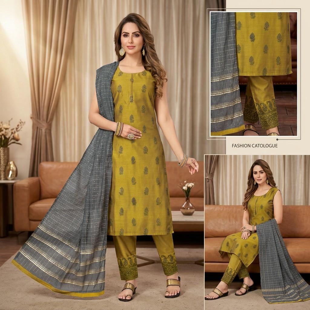 Mustard Printed Kurta Set with Grey Dupatta