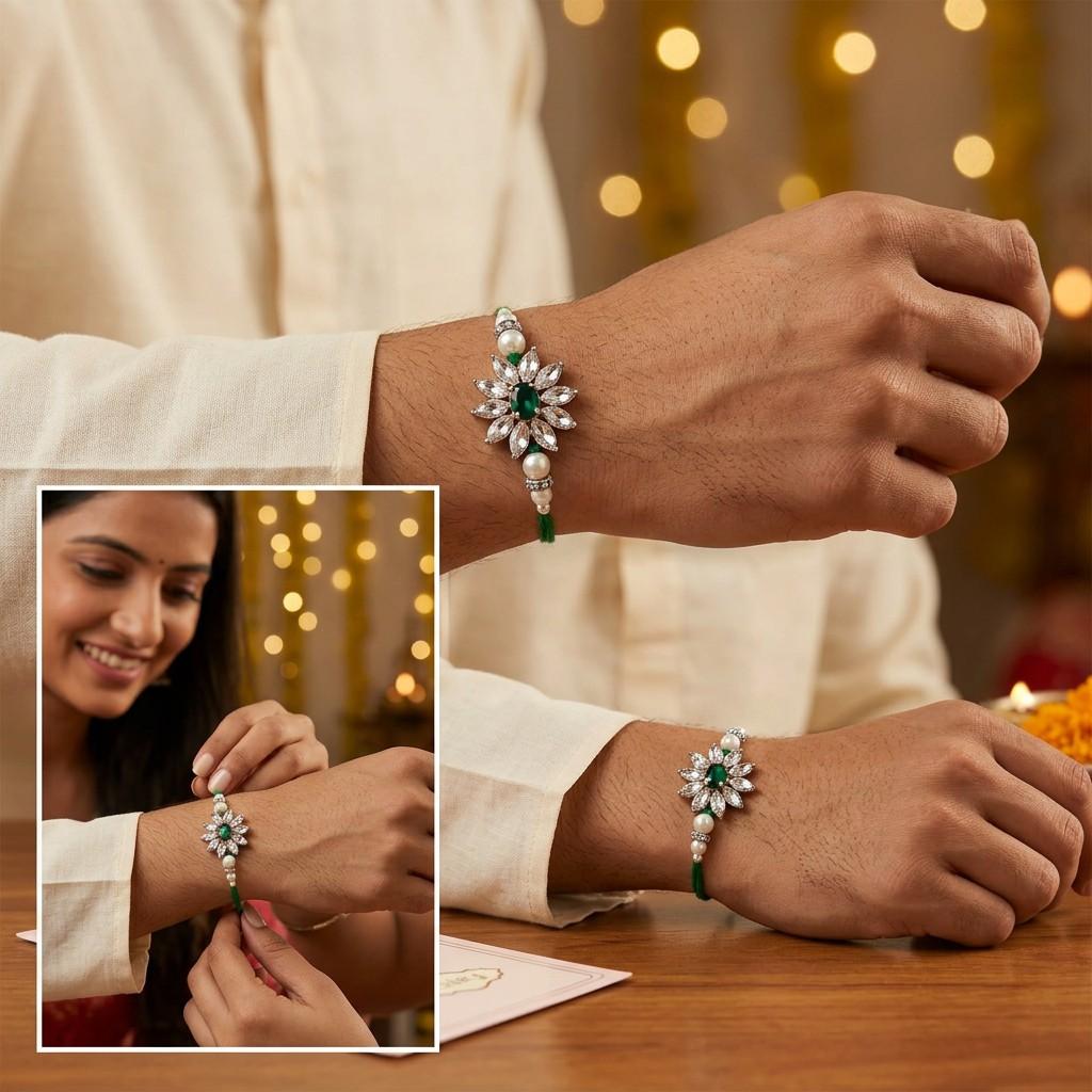 Standard - Green Thread Rakhi with Pearls & Stones