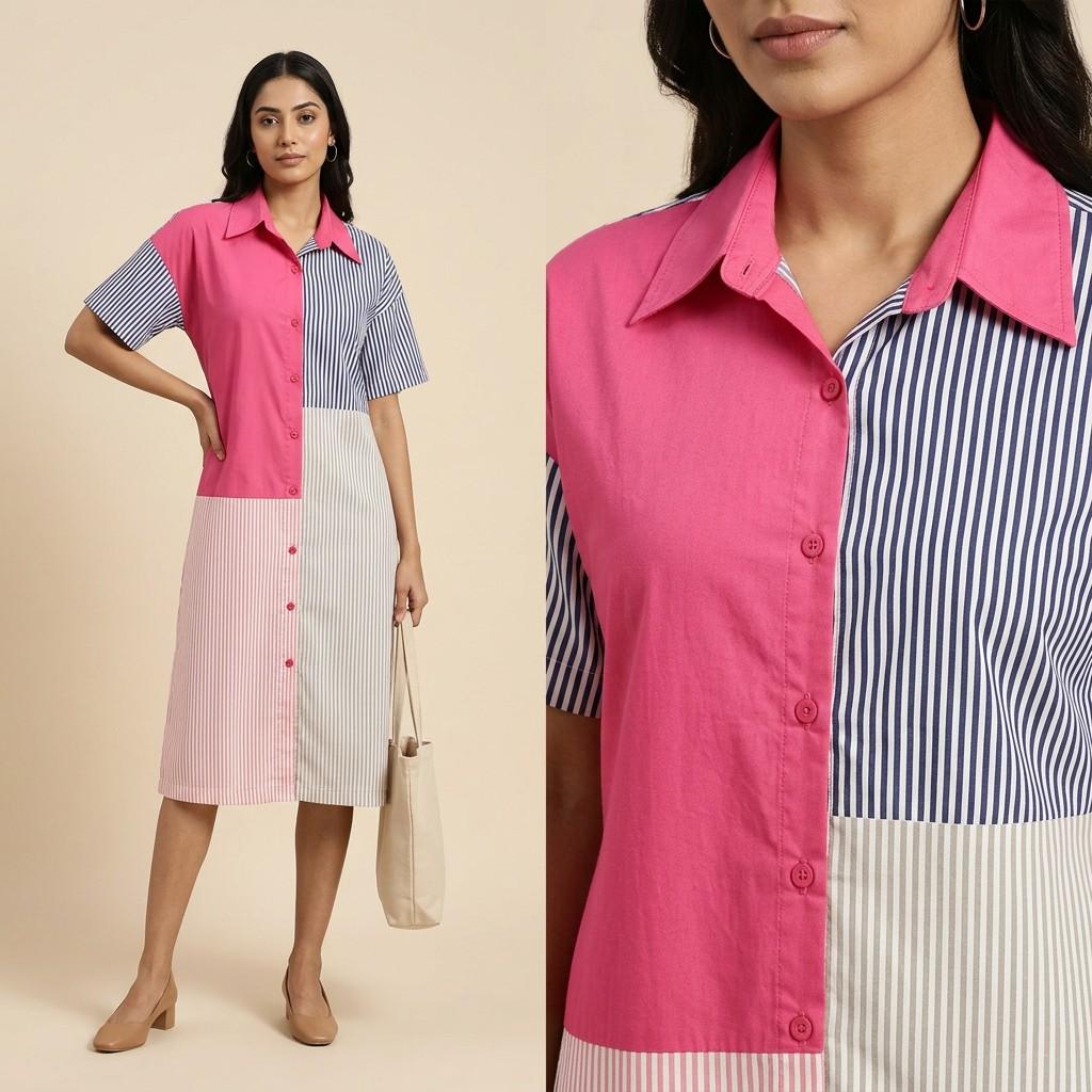 Pink & Striped Colorblock Shirt Dress