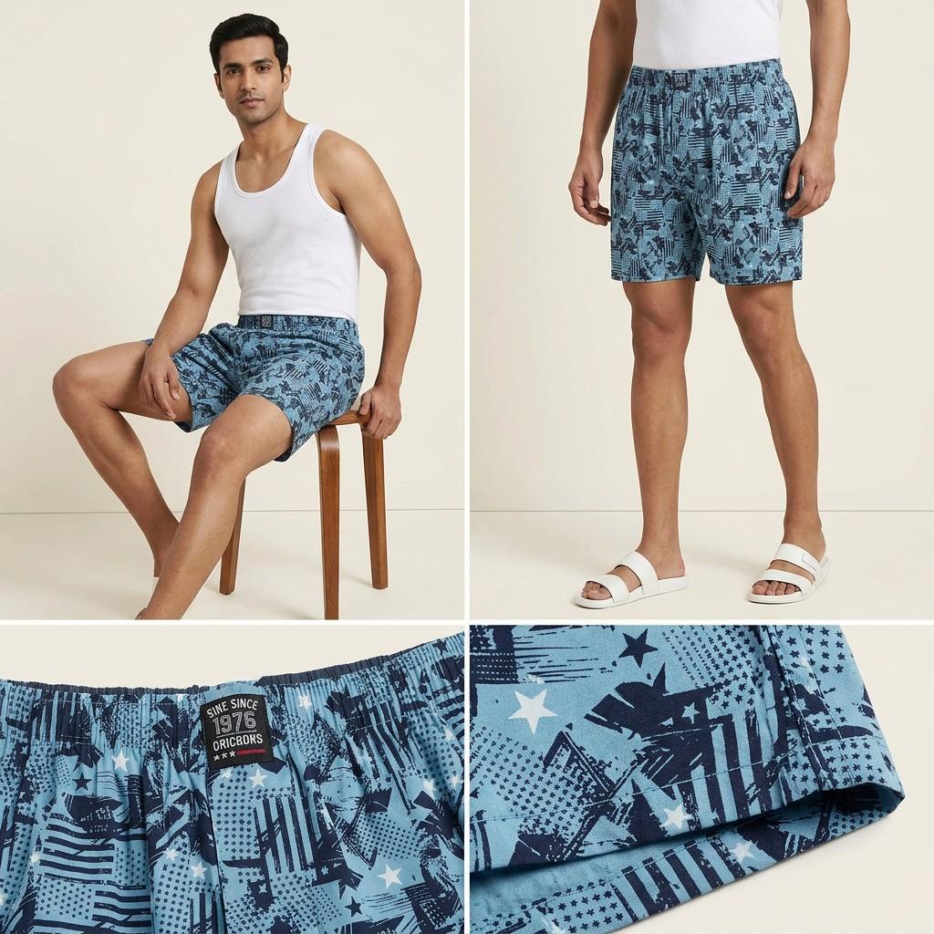 Light Blue Printed Lounge Shorts - One Size / Regular Fit