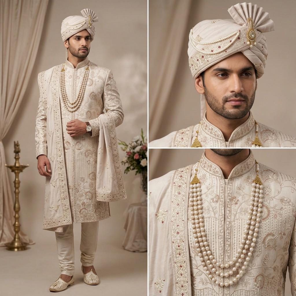 Beige Embroidered Sherwani with Turban & Dupatta
