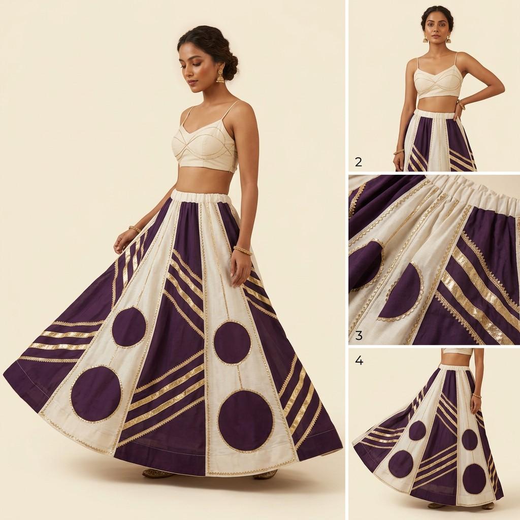 Purple & Cream Panelled Flared Skirt