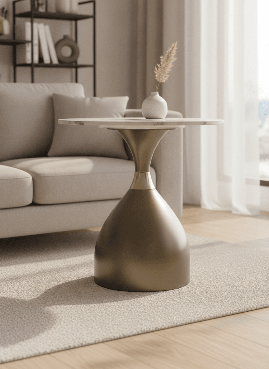 Round Marble-Effect Pedestal Coffee Table — White Top / Antique Brass Base