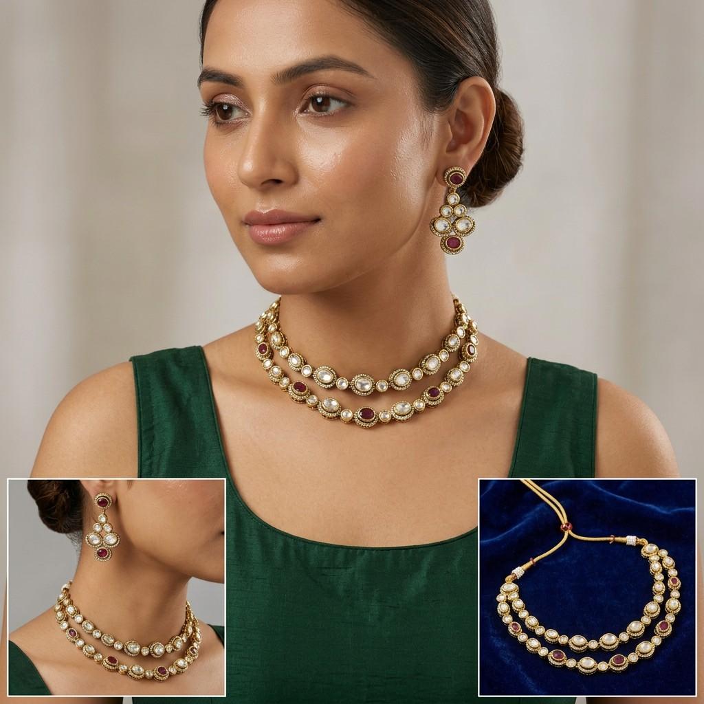 Gold-Tone Layered Choker with Earrings