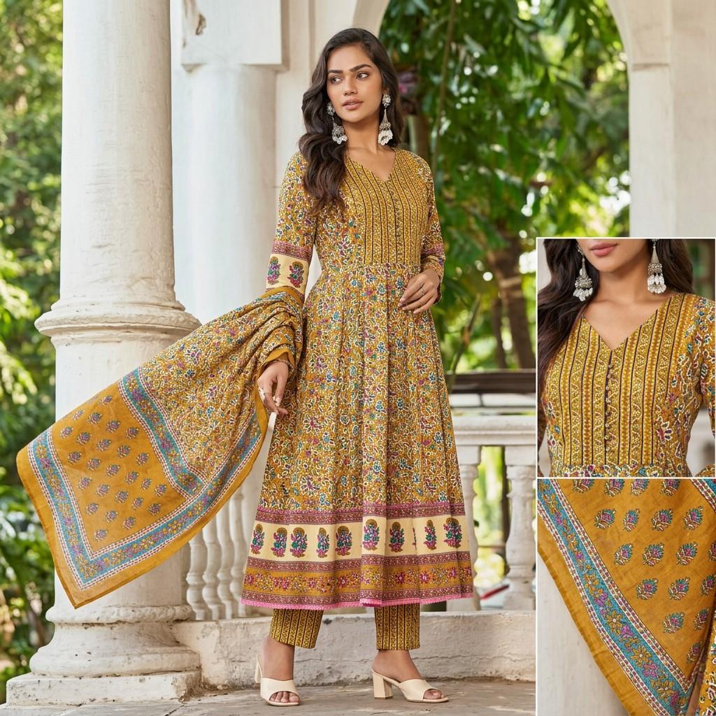 Mustard Floral Printed Kurta with Dupatta & Pants