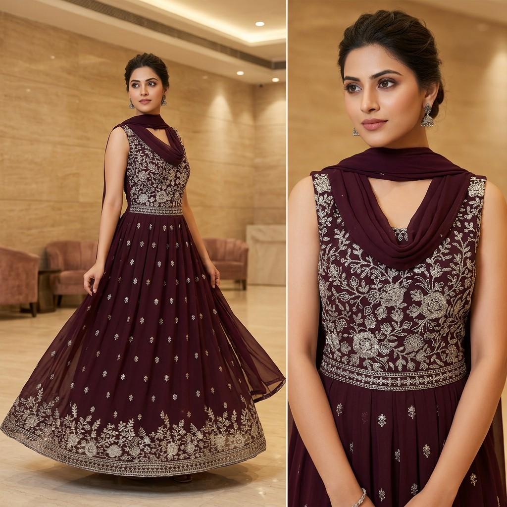 Burgundy Embroidered Anarkali Gown