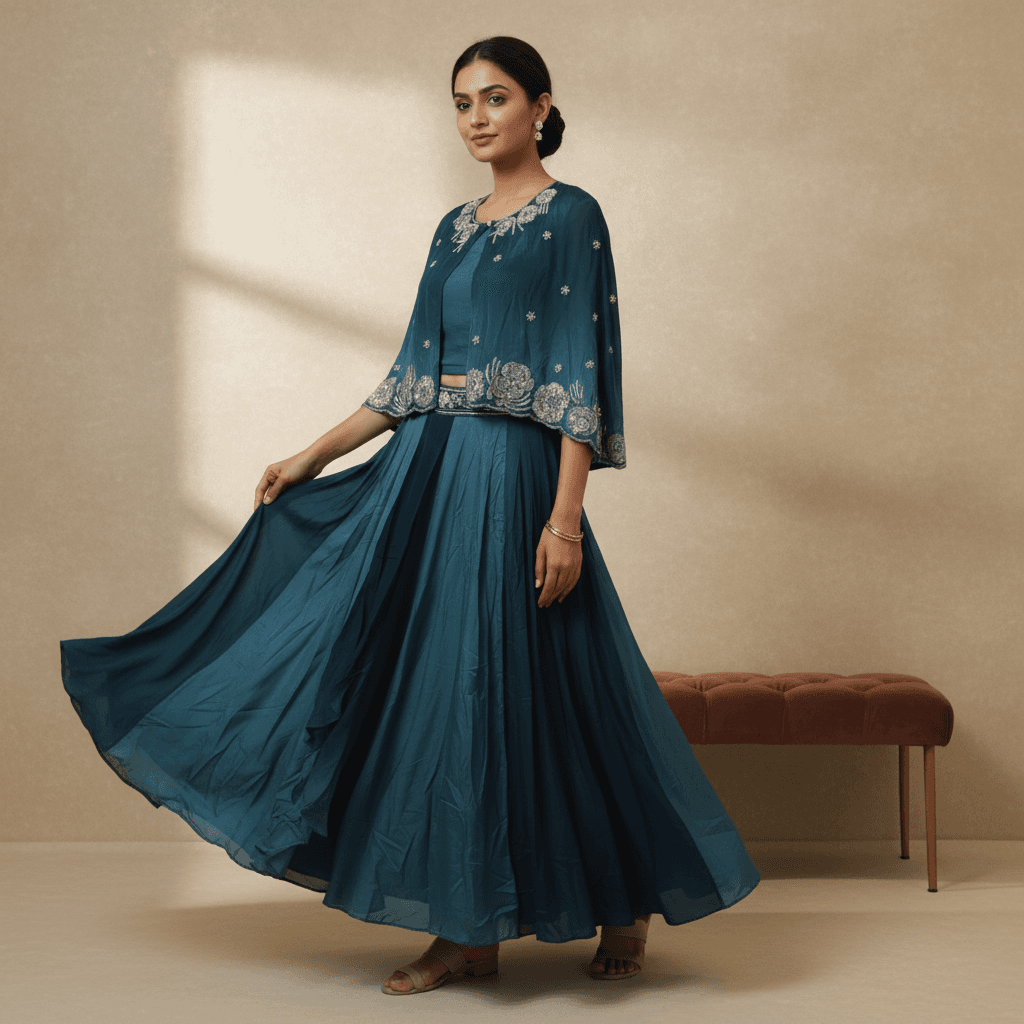 Teal Embroidered Cape Jacket & Flared Skirt - One Set