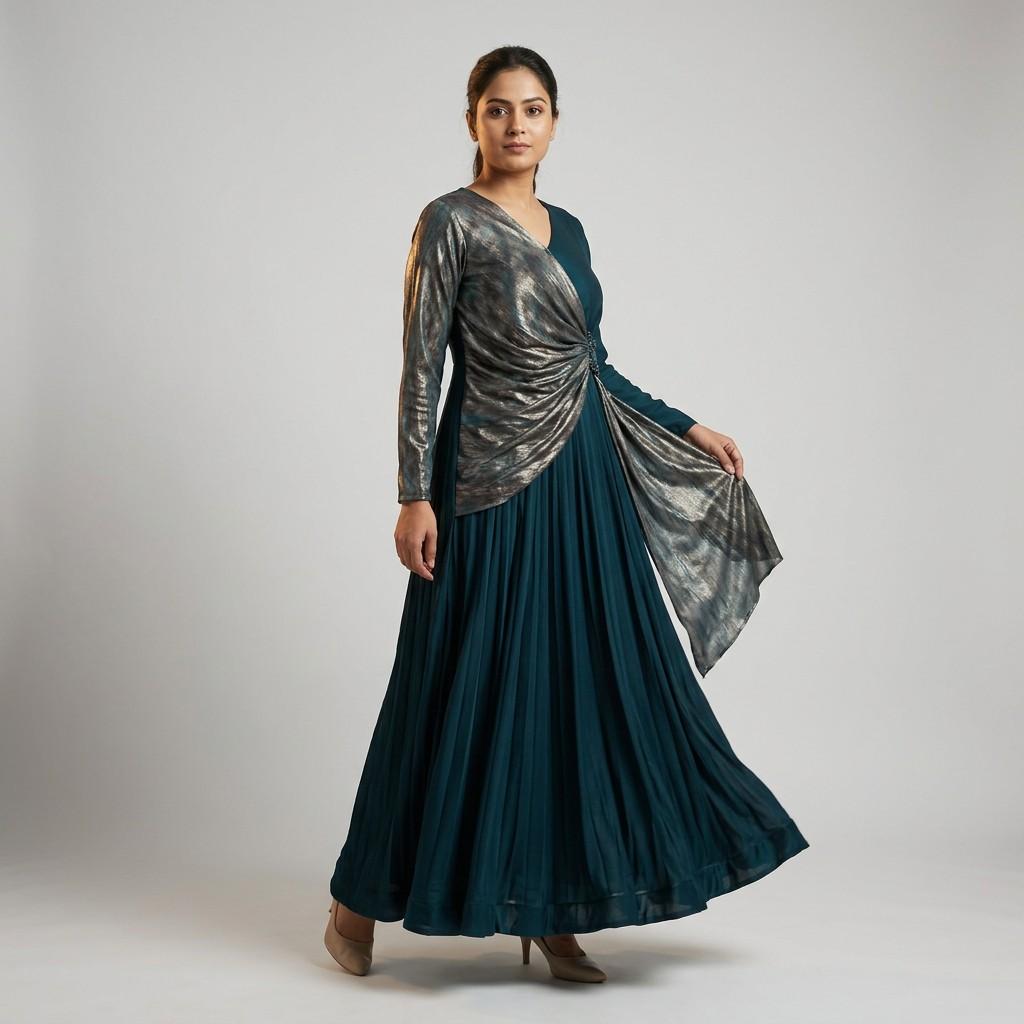 Teal Draped Anarkali Gown
