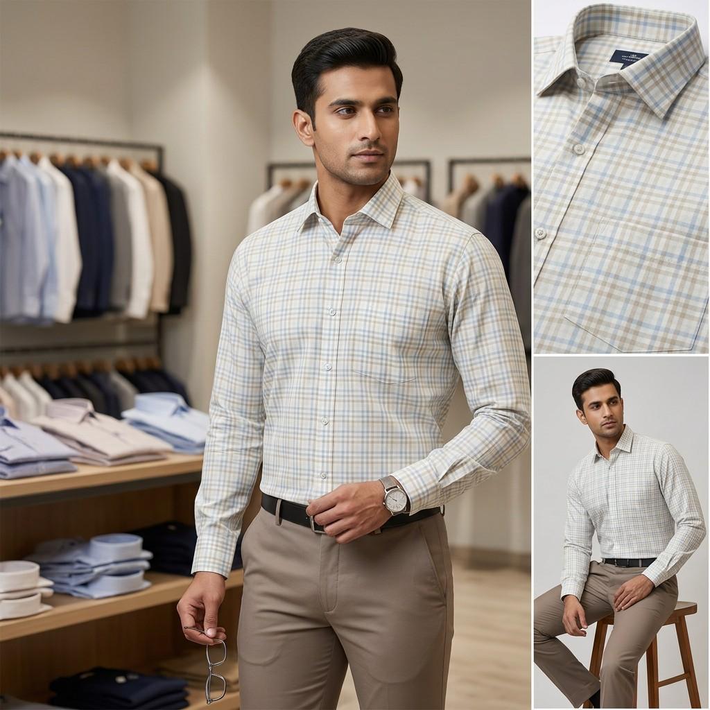 Cream & Blue Checked Shirt - Regular Fit
