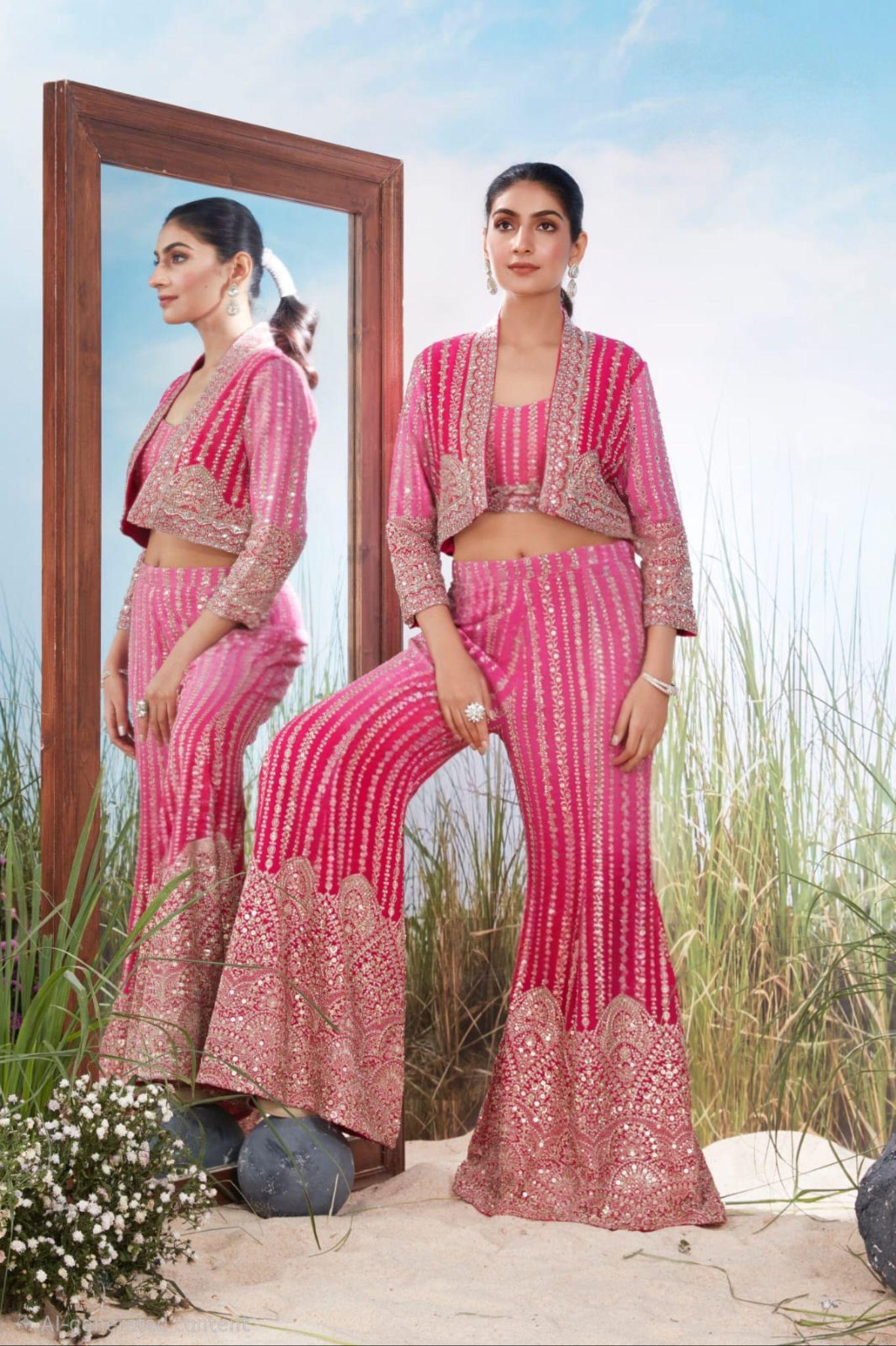 Pink Embroidered Crop Jacket & Flared Palazzo