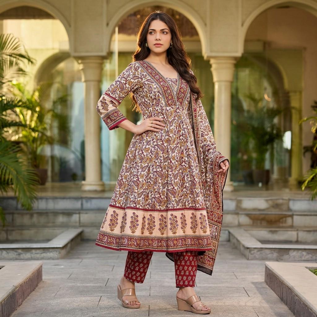 Ivory & Maroon Printed Kurta with Matching Pant and Dupatta