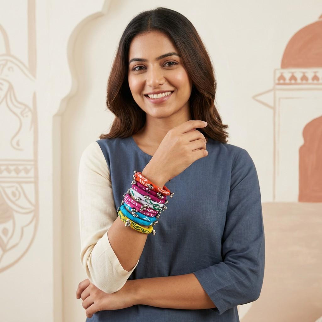 Assorted Fabric Ghungroo Bangle Set