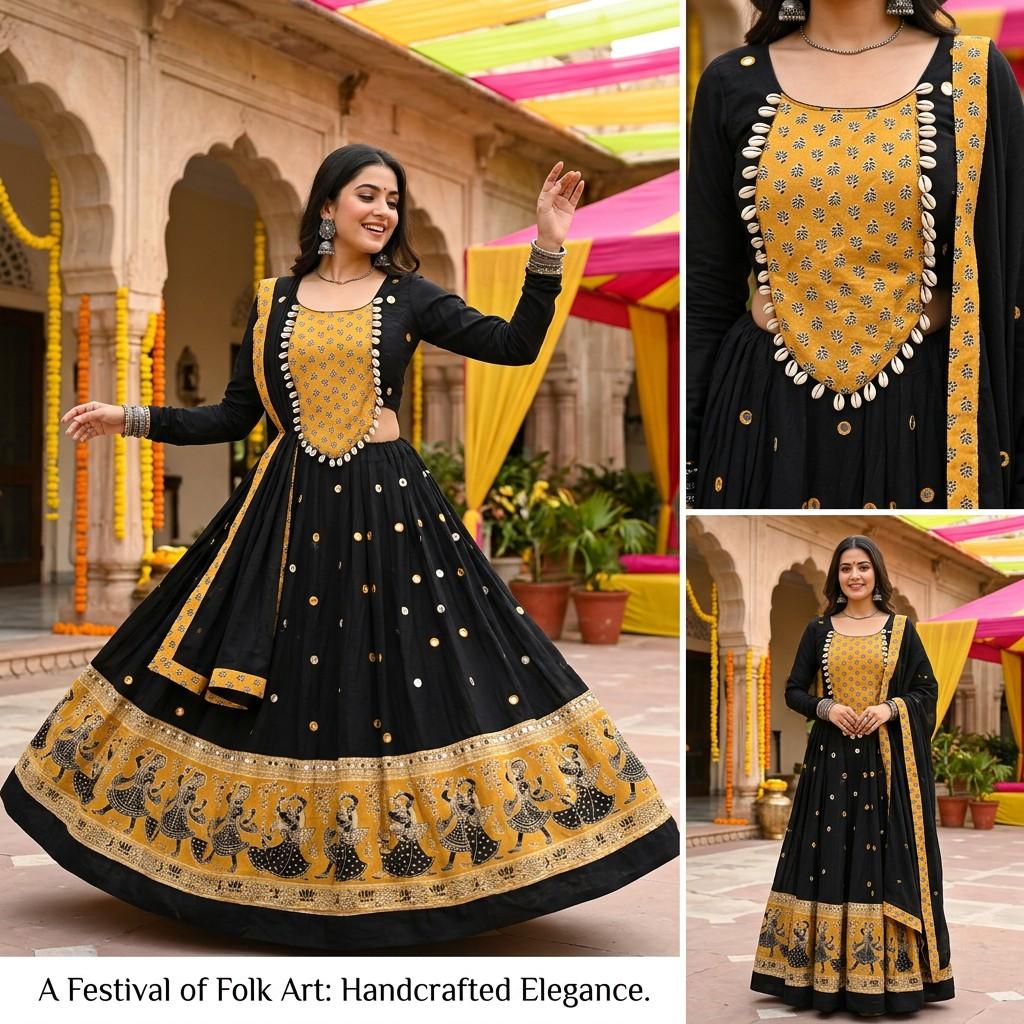 Black & Yellow Cowrie Shell Lehenga Set
